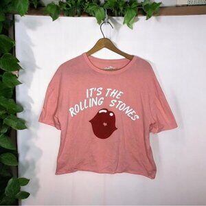 THE ROLLING STONES Spell Out Graphic Lips Boxy Crop Top Band T Shirt
